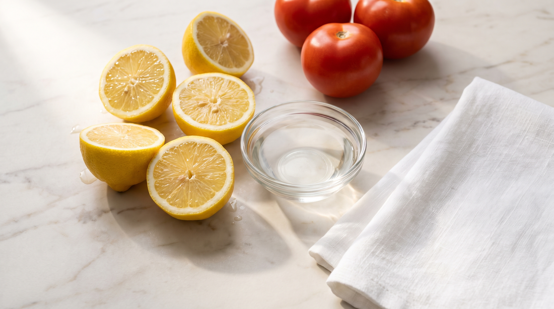 Lemons, white vinegar and tomatoes on a counter, the acidic foods that test cadmium in ceramic glazes