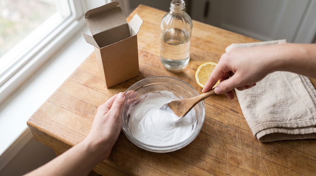 Hands mixing baking soda paste beside white vinegar, the routine that restores titanium pan shine