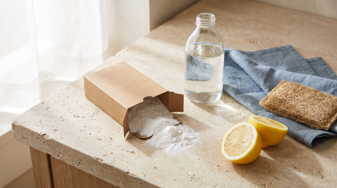 Open box of baking soda and a bottle of white vinegar, the kit for cleaning a titanium pan