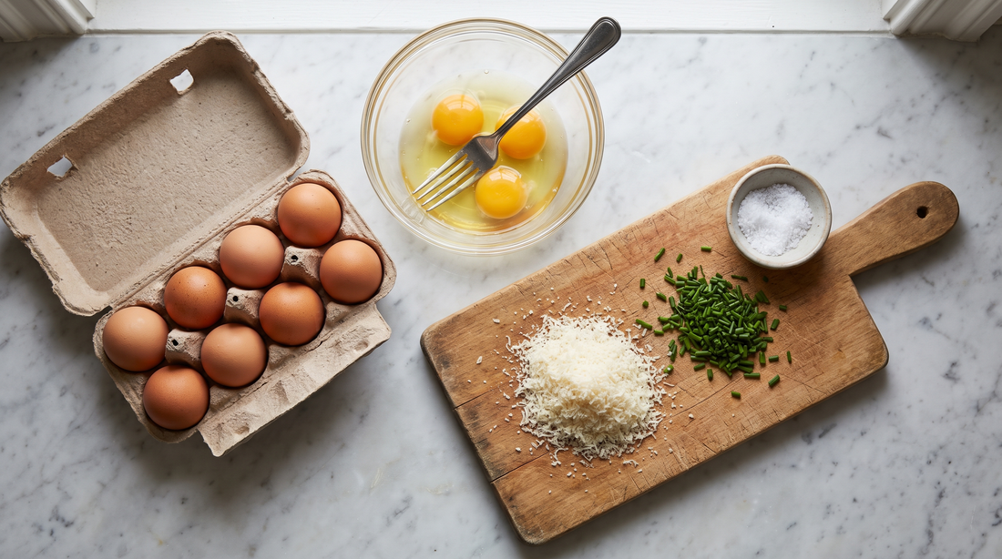 Eggs beaten in a glass bowl with chives and cheese, prepped for a frittata without a nonstick pan