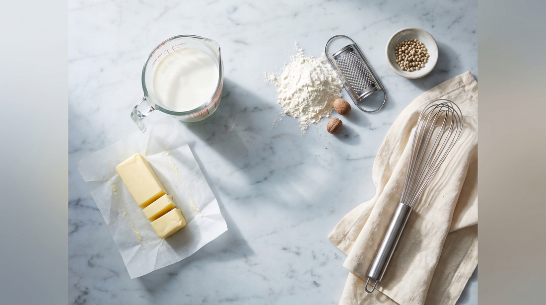 Milk, butter, flour and nutmeg laid out for bechamel in a titanium saucepan