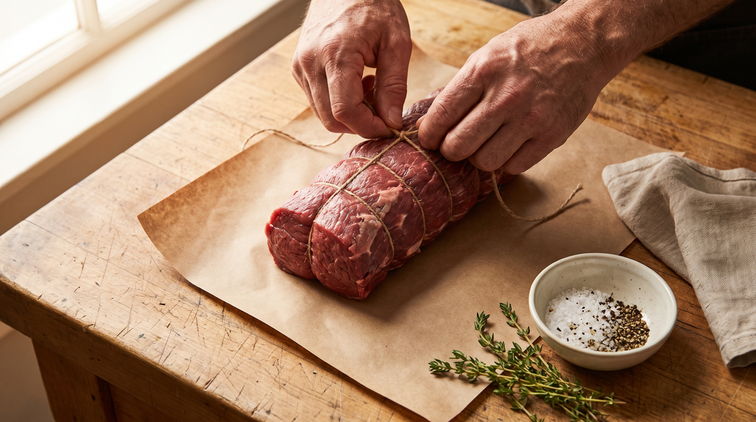 Hands tying a beef tenderloin roast before searing tenderloin in a titanium pan