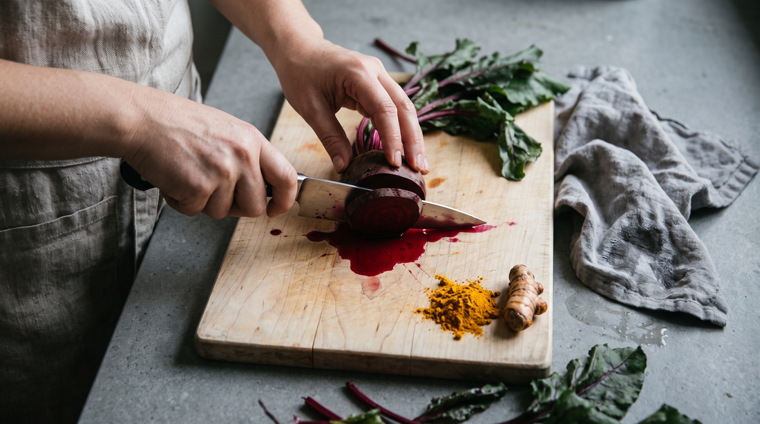 Raw beets sliced on a maple board beside ground turmeric, showing how cutting board stains start