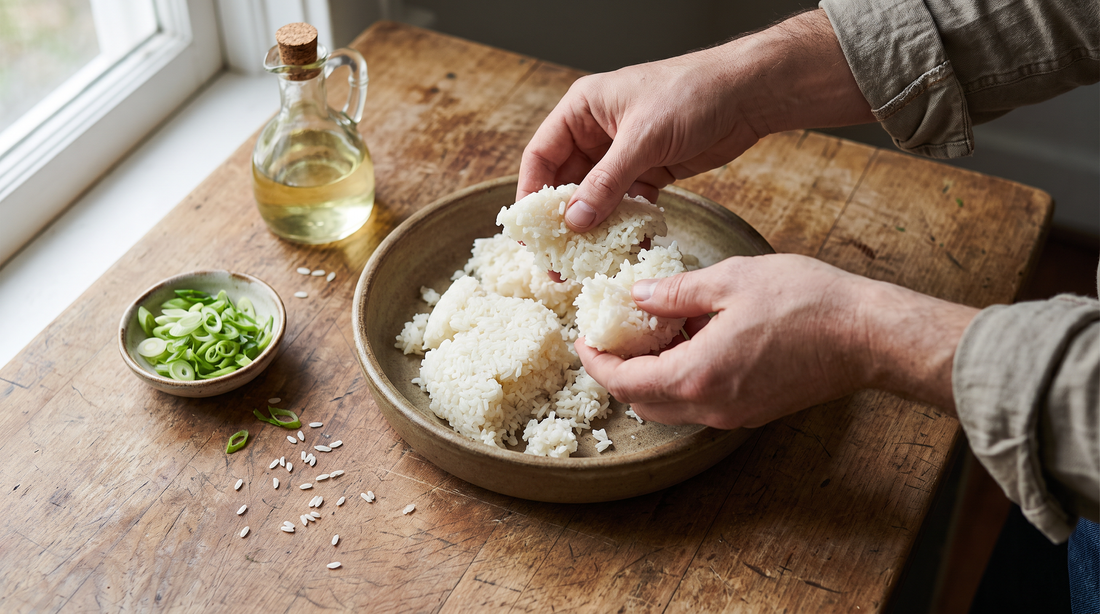 Hands breaking up chilled day-old grains, the first step to crisp cooked rice
