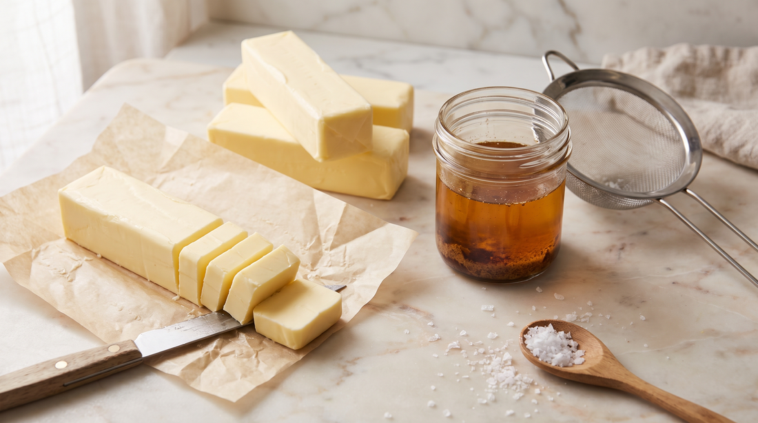 Cubed butter on parchment beside a jar of brown butter, showing how to brown butter and read color