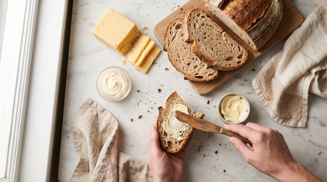 Hands spreading mayo and butter on sourdough for a mayo vs butter grilled cheese test
