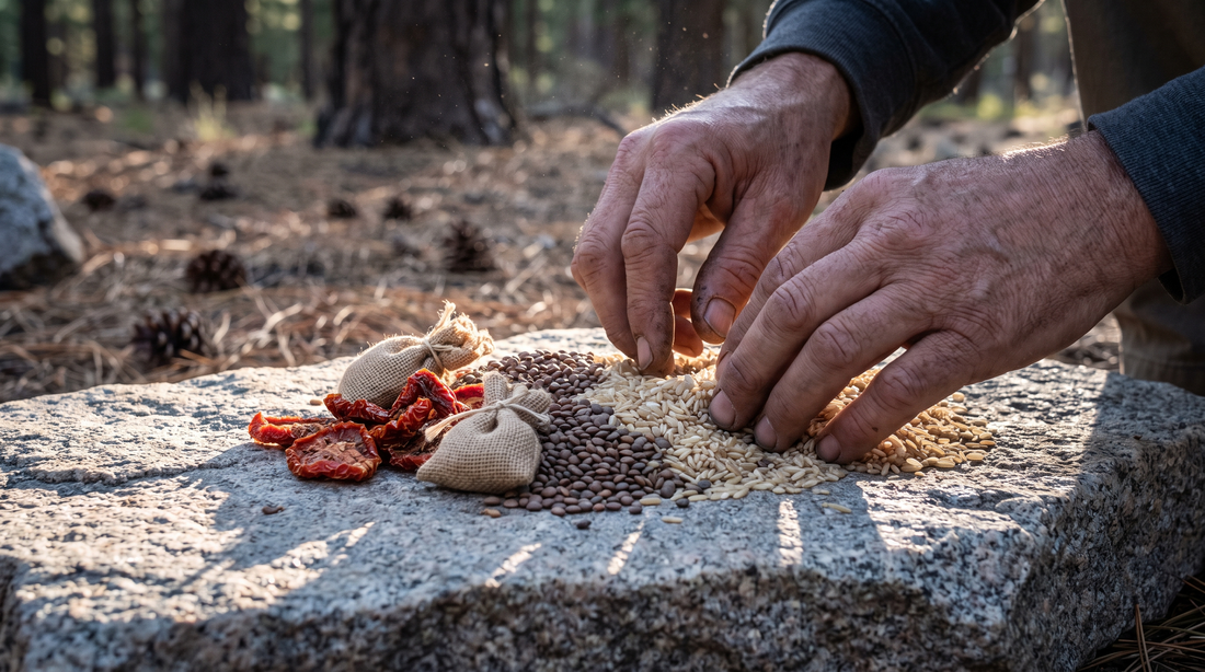 Hands sorting rice, lentils and dried vegetables for one pot camping meals on a flat granite slab