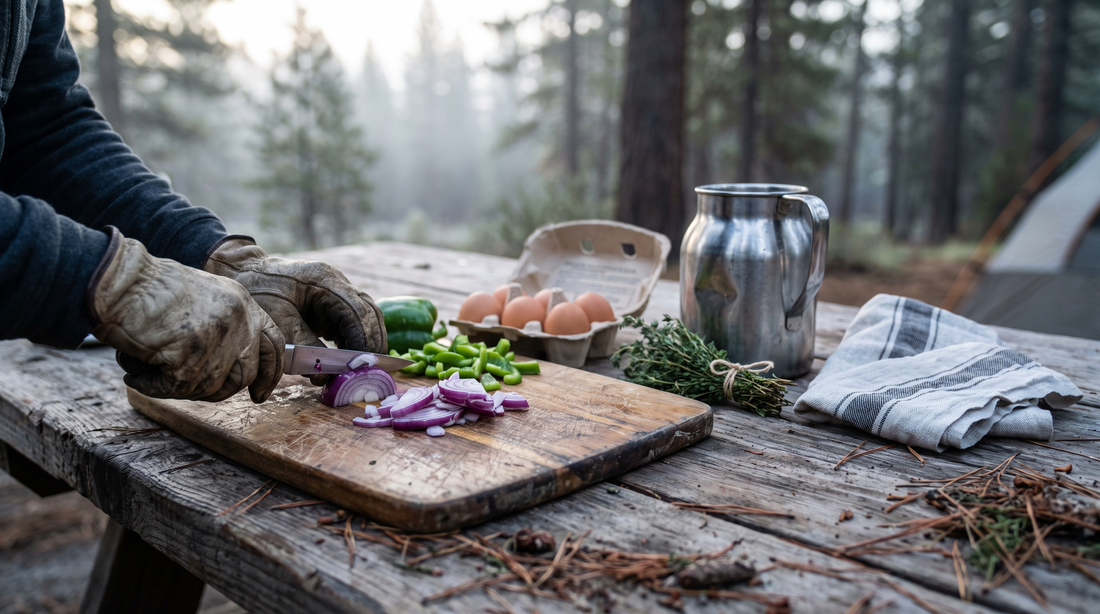 Campsite food prep at dawn, the setting for a cast iron skillet vs titanium pan weight choice