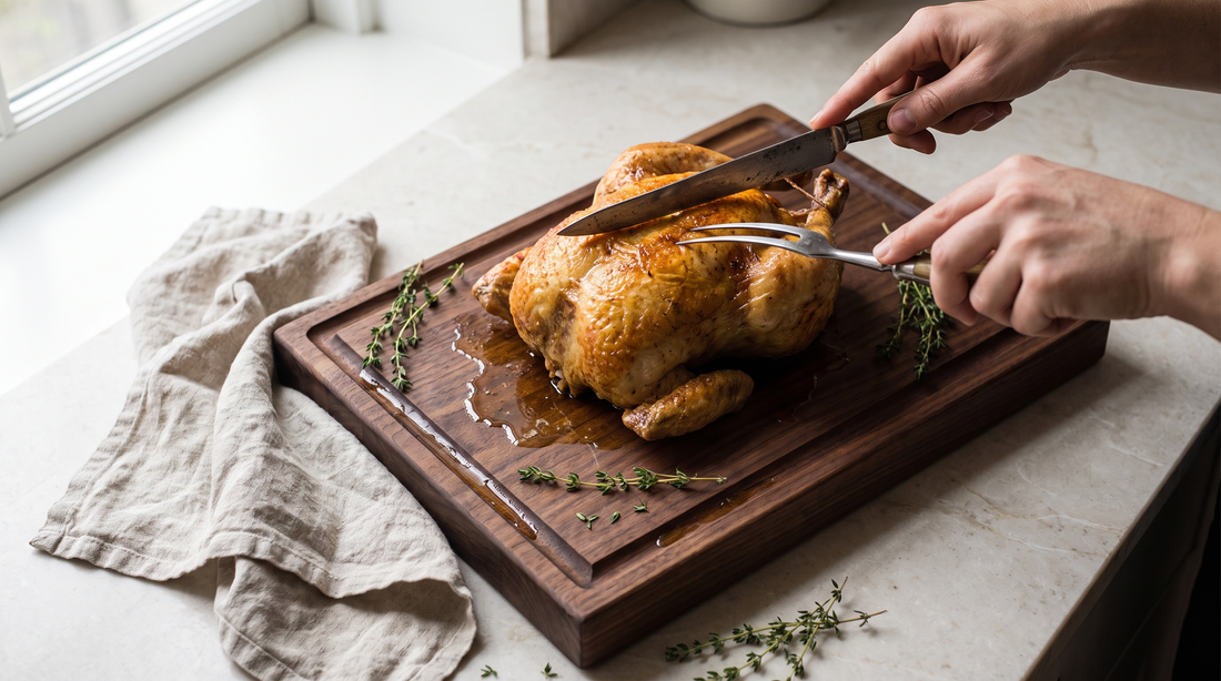 Hands carving roast chicken on a board with a cutting board juice groove catching the juices