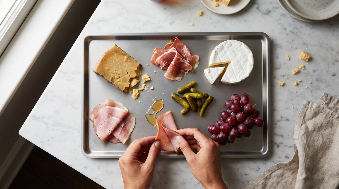Cheese, cured ham, grapes and cornichons arranged on a titanium cutting board used as a serving board