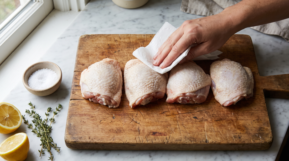 Hands patting bone-in chicken thighs dry on a board before cooking crispy skin chicken thighs