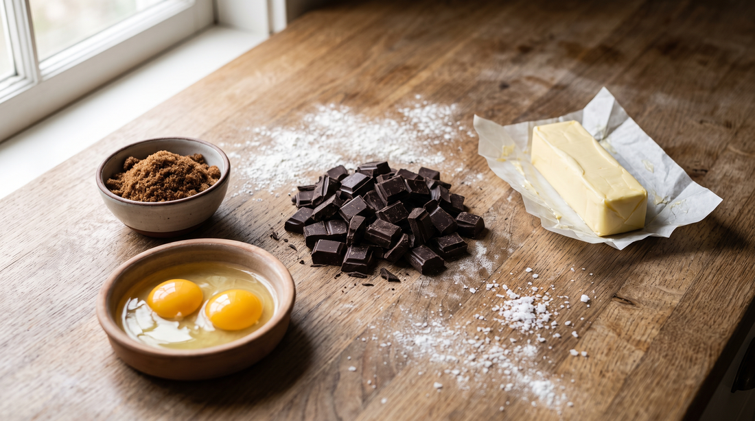 Chocolate chunks, brown sugar and butter laid out for a titanium skillet chocolate chip cookie