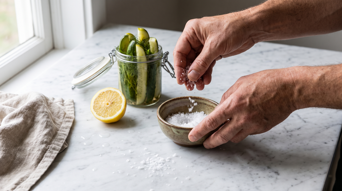Hands sprinkling coarse sea salt beside brined cucumbers, illustrating whether salt pits titanium cookware