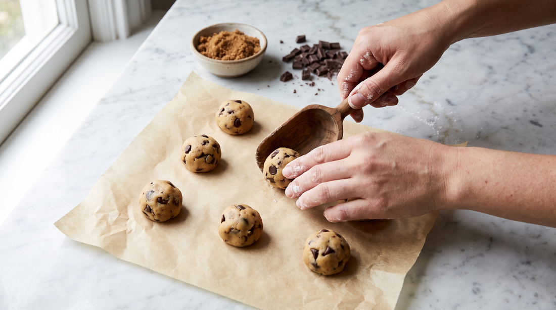 Hands portioning cookie dough onto parchment while choosing the safest baking sheet material