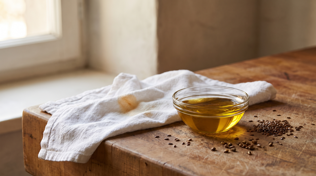 Oil in a glass bowl and a cloth on a butcher block, the materials behind cast iron seasoning