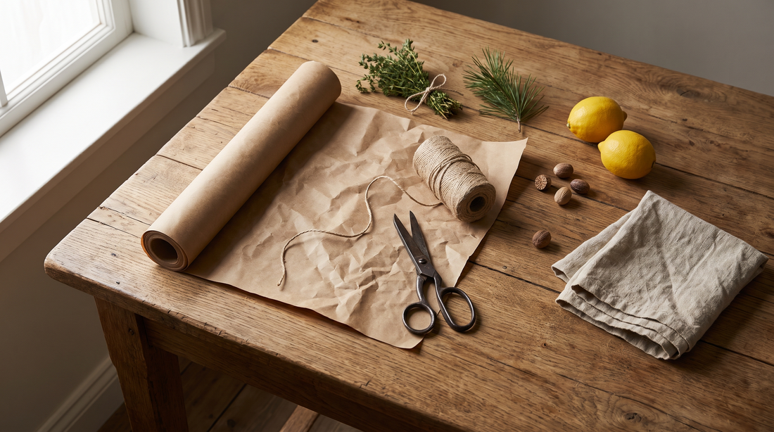 Kraft paper, twine and fresh herbs laid out for wrapping cookware gifts under $100 on a wooden table
