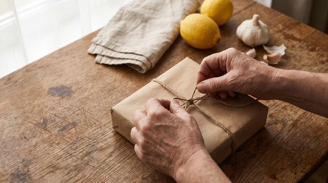 Hands tying twine on a wrapped parcel on a kitchen table, cookware gifts for parents
