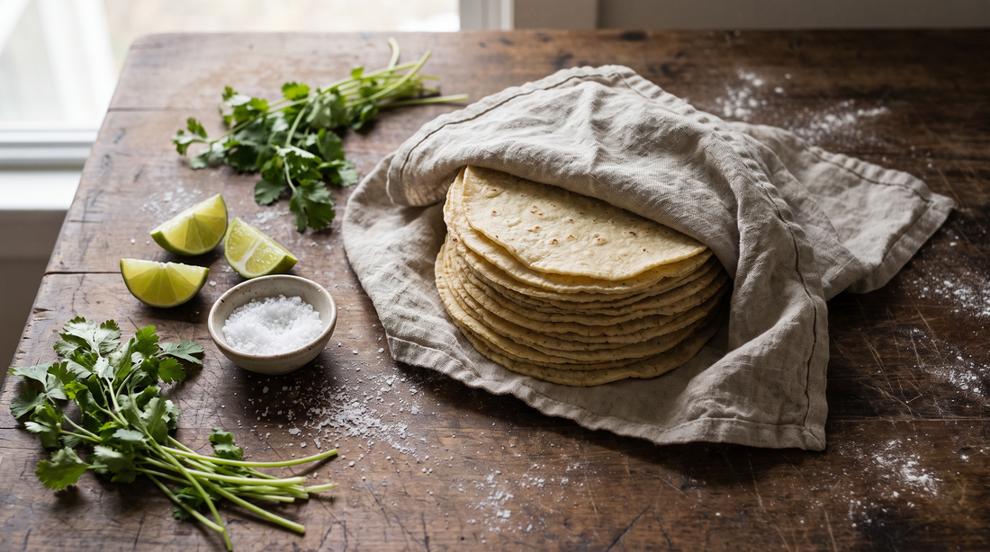 Stack of corn tortillas on linen with limes and cilantro, ready to warm tortillas on a stovetop