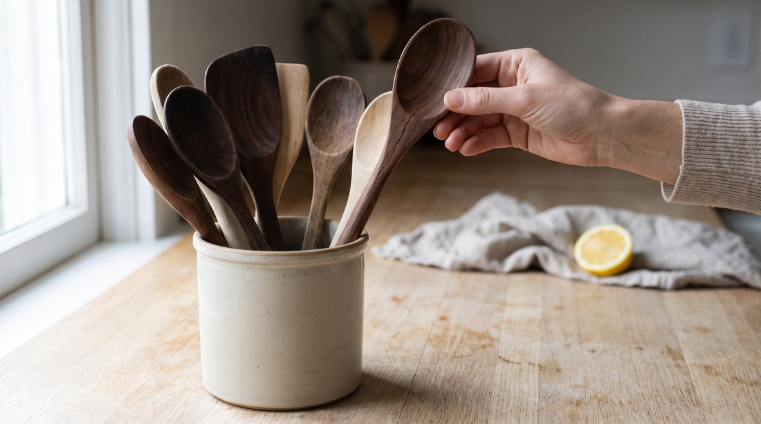 Hand lifting a cracked wooden spoon from a crock, checking when to replace wooden utensils