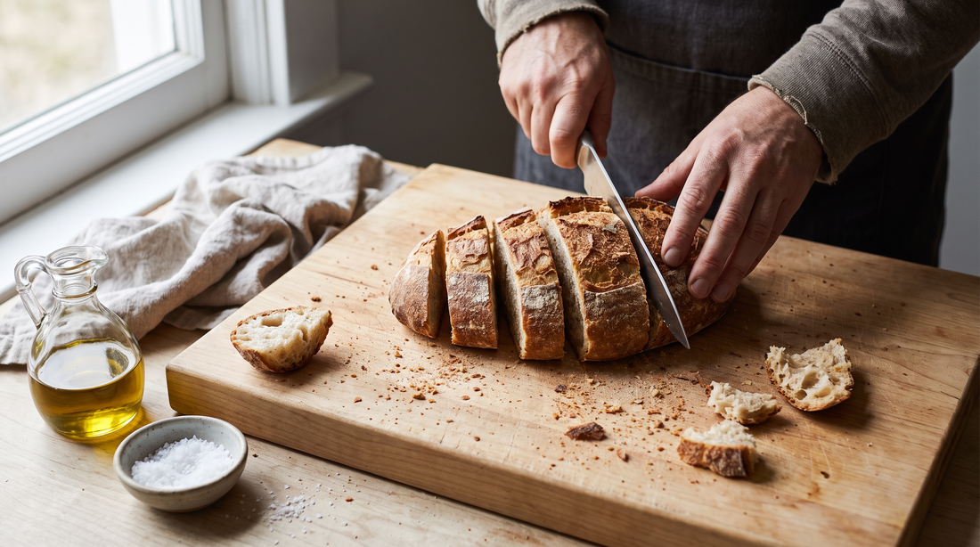 Hands cubing a day-old sourdough loaf on a wood board for skillet croutons