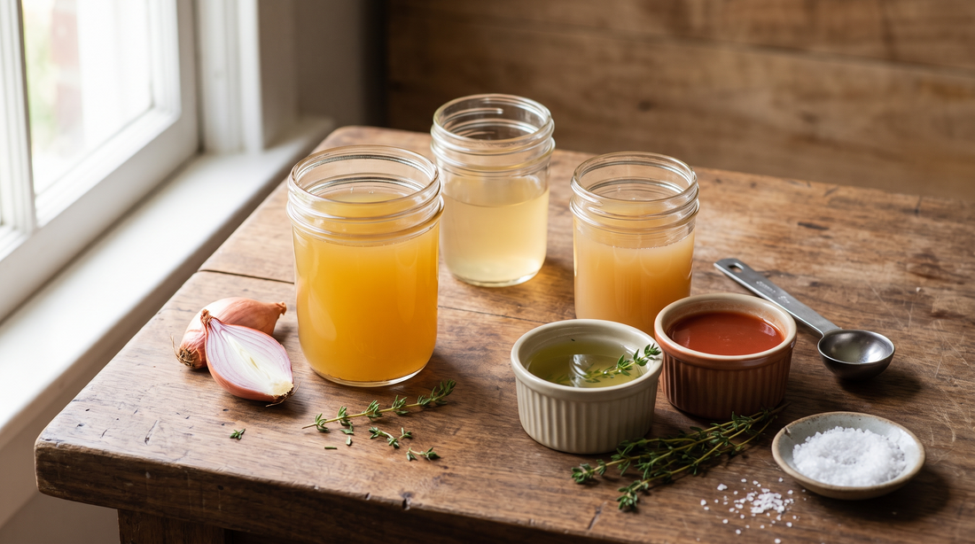 Jars of stock, vinegar, cider and pickle brine used to deglaze a skillet without wine