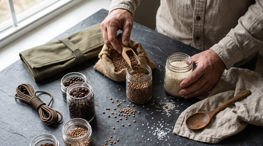 Hands portioning dried rice and lentils on slate, prep that shows why titanium pan thickness matters