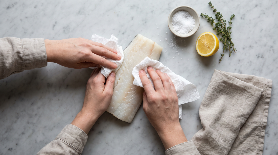 Hands patting a thick halibut fillet dry before searing halibut in a titanium pan