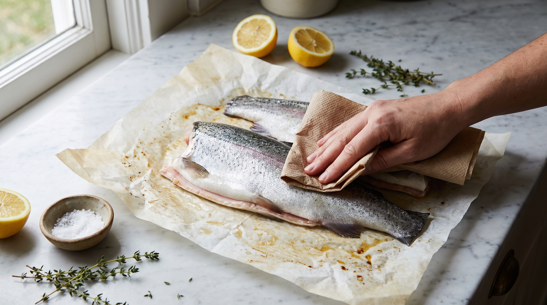Hands patting a rainbow trout fillet dry before cooking trout in a titanium pan