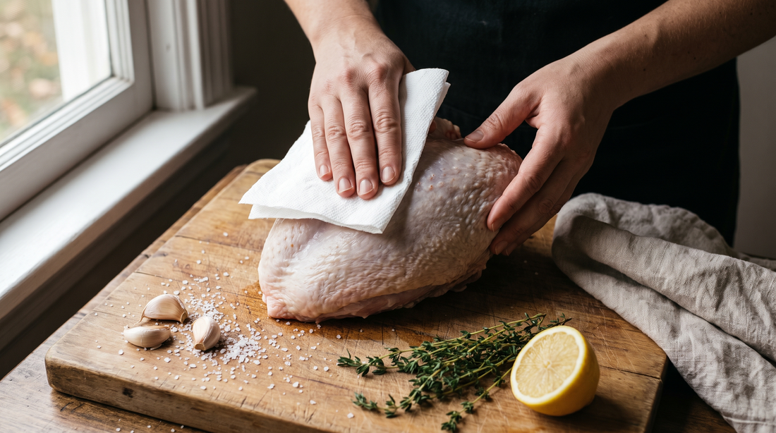 Hands blotting a raw turkey breast dry before pan roasting it in a titanium skillet for Thanksgiving