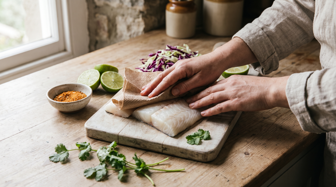 Hands patting thick white fish fillets dry on a board before making pan seared fish tacos