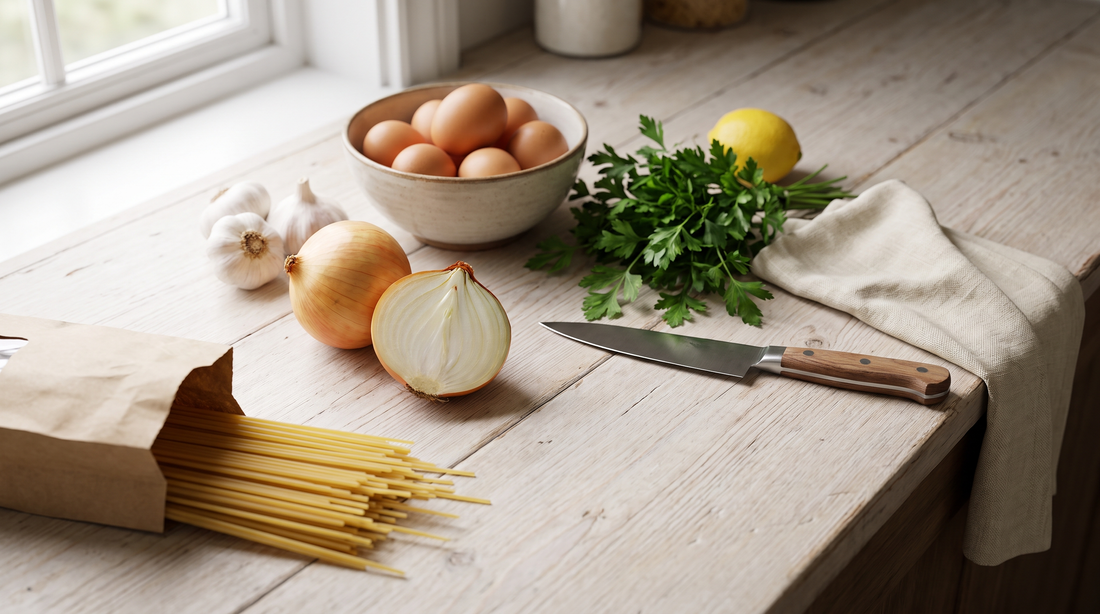 Ingredients and a chef's knife on a counter for a first kitchen essentials list