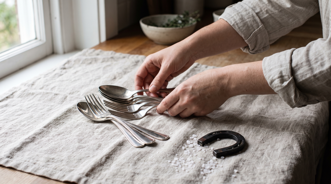 Hands sorting polished flatware beside a magnet, a home test for 18/10 vs 18/8 stainless steel