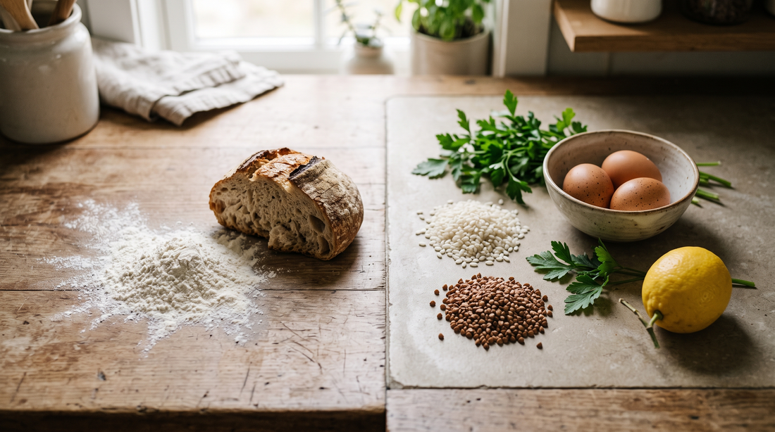Counter split between wheat flour and gluten free grains, showing cross contact risk at home