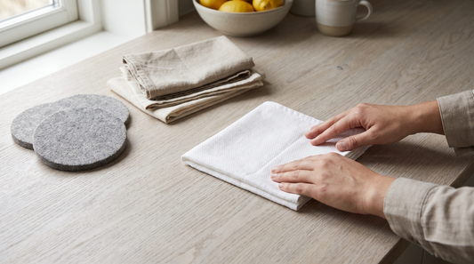 Hands folding a cotton towel into a flat pad, a simple way to stack cookware without scratching it