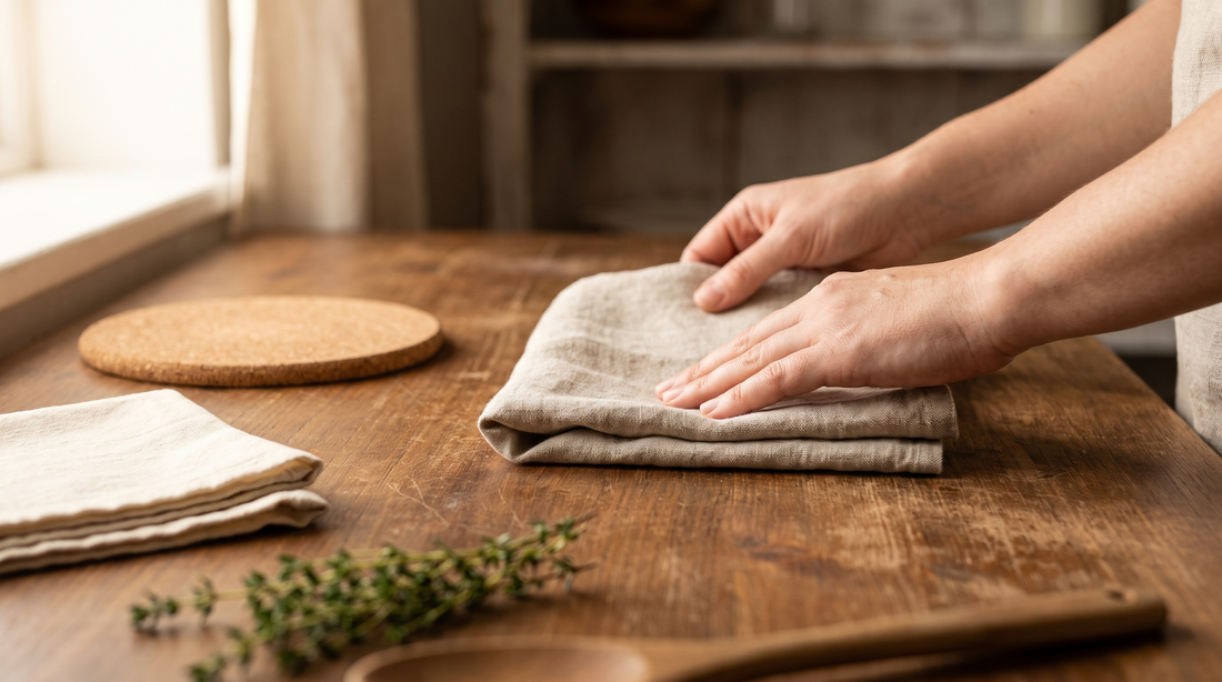 Hands folding a dry towel beside a cork trivet, prep for carrying a hot skillet safely