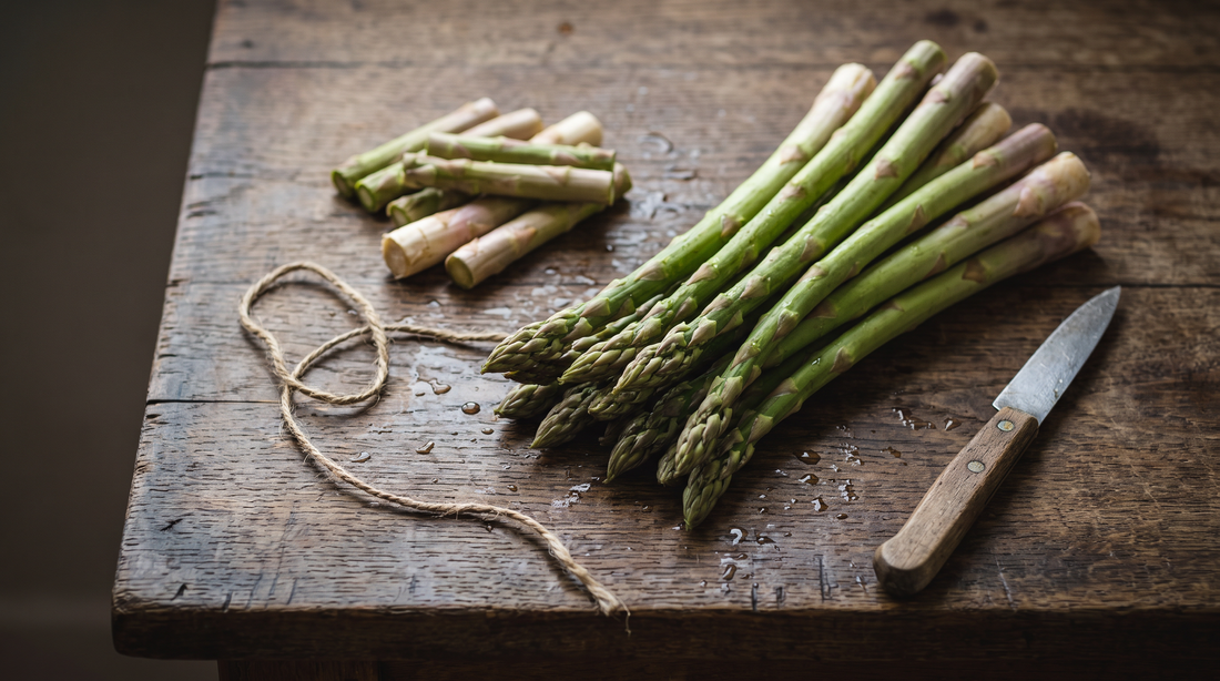 Fresh asparagus spears on a wooden counter with trimmed pale ends, ready to prepare asparagus stalks