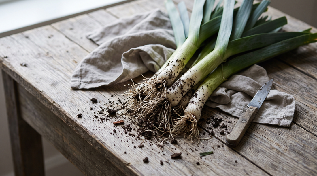 Freshly pulled leeks with soil on the roots on a wooden table, ready to cook leeks without grit