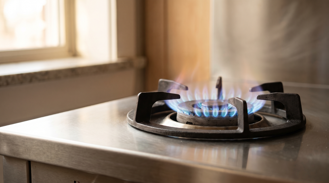 Blue gas flame at full heat on a bare stovetop ring, the risk behind an empty titanium pot on a burner