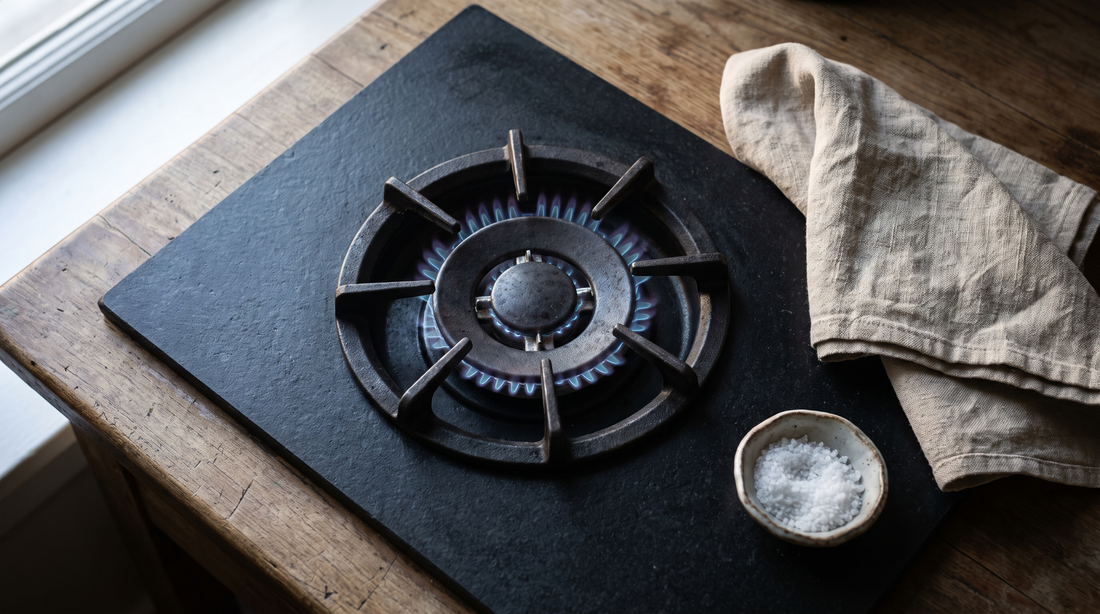 Gas burner flame and grate, the uneven heat behind a titanium pan popping sound
