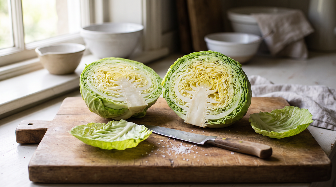 Halved green cabbage on a wood board with a knife, prepped for cooking browned sliced cabbage