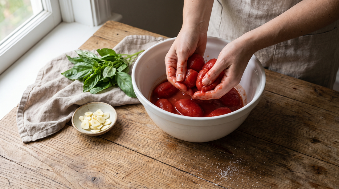Hands crushing canned tomatoes for marinara in a titanium pot, with garlic and basil on an oak counter