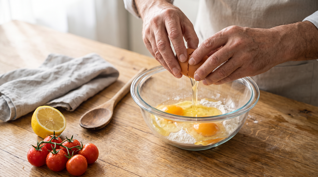 Hands cracking an egg beside tomatoes and lemon, the test food for a scratched ceramic nonstick pan