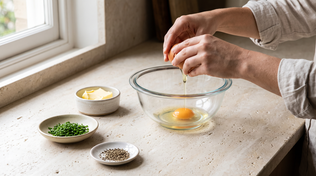 Hands cracking an egg into a glass bowl, a plain kitchen scene for whether PTFE is considered PFAS