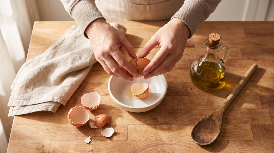 Hands cracking an egg into a bowl, the classic test food for diamond infused nonstick pans