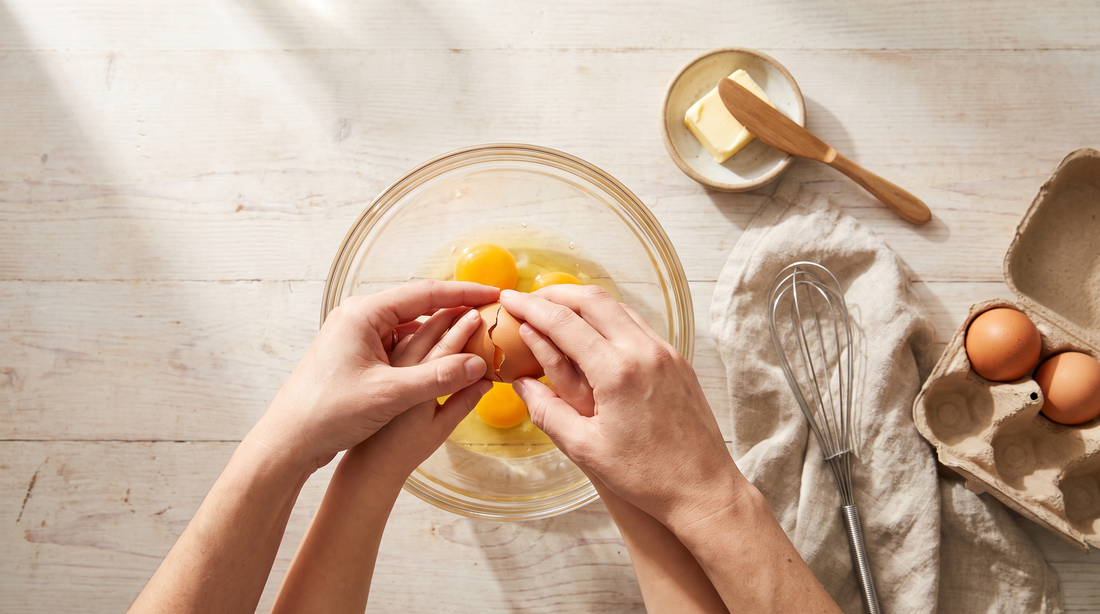 Child and adult hands cracking eggs into a glass bowl before making soft scrambled eggs for kids