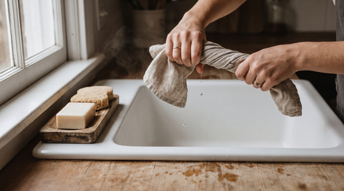Hands wringing a dish towel at a sink, the point where you cool a pan before washing