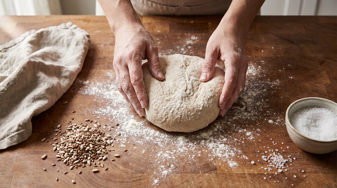 Floured hands folding bread dough on a counter, relevant to nonstick coatings in small appliances