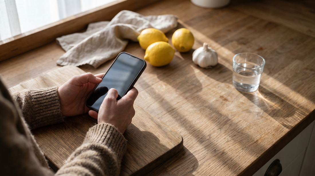 Hands comparing Cyber Monday cookware deals on a phone at a kitchen counter with lemons and garlic