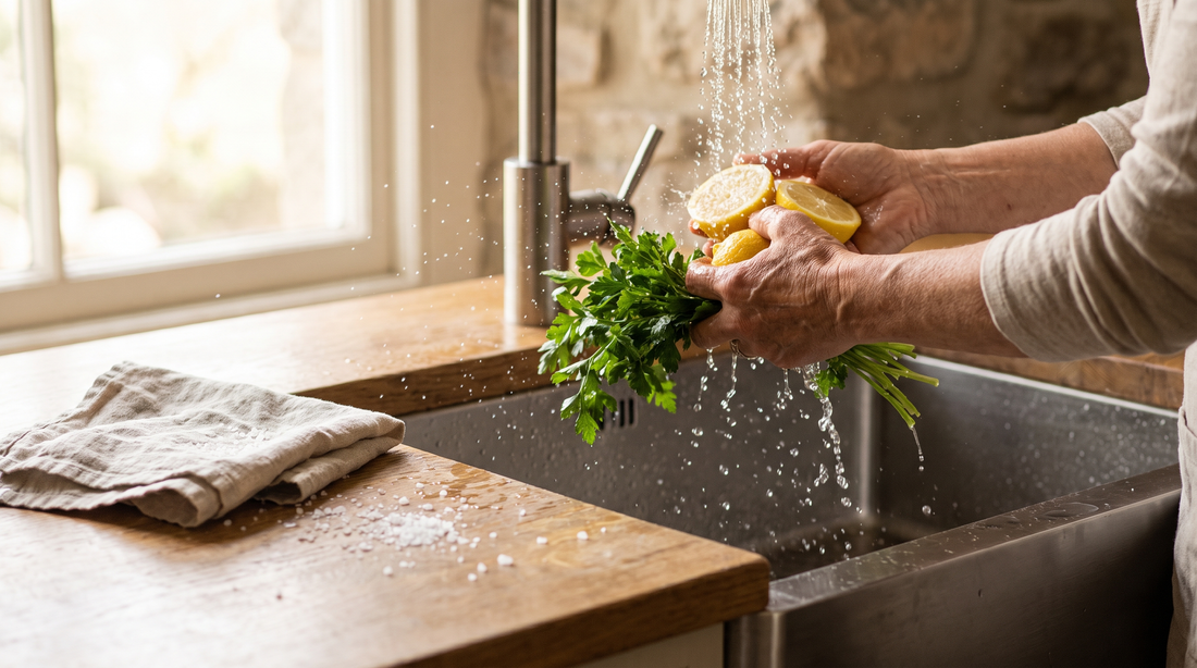 Hands rinsing lemons and herbs at a sink, the kind of contact that raises titanium cookware allergy questions