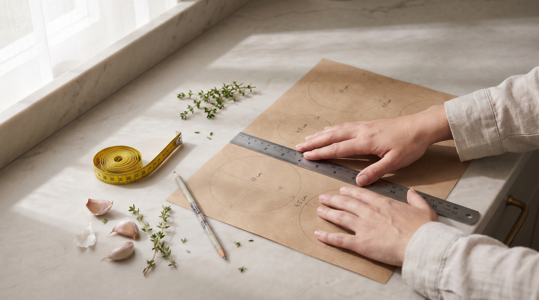 Hands holding a steel ruler over pencil-marked paper, the setup used to measure a pan lid